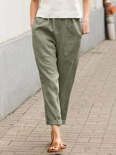 NTG Fad Green / S Women's Cotton Linen Solid Color Loose Pocket Harem Pants