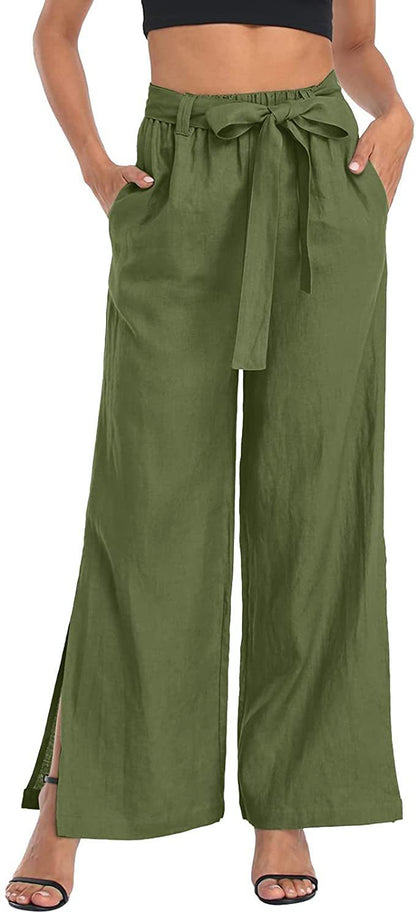 NTG Fad Green / S Women's Resort Style Solid Color Bow Knot Split Cotton Linen Wide Leg Pants