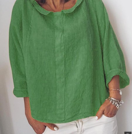 NTG Fad Green / S Women's Solid Color Small Lapel Pullover Cotton Linen Shirt