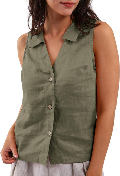 NTG Fad Green / Small Women's 100% Linen Summer Sleeveless Button-Down Tops Slight Crop Vest