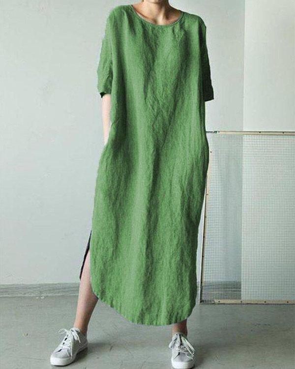 NTG Fad Green / US6 Solid Short Sleeve Straight Slit Linen Dresses