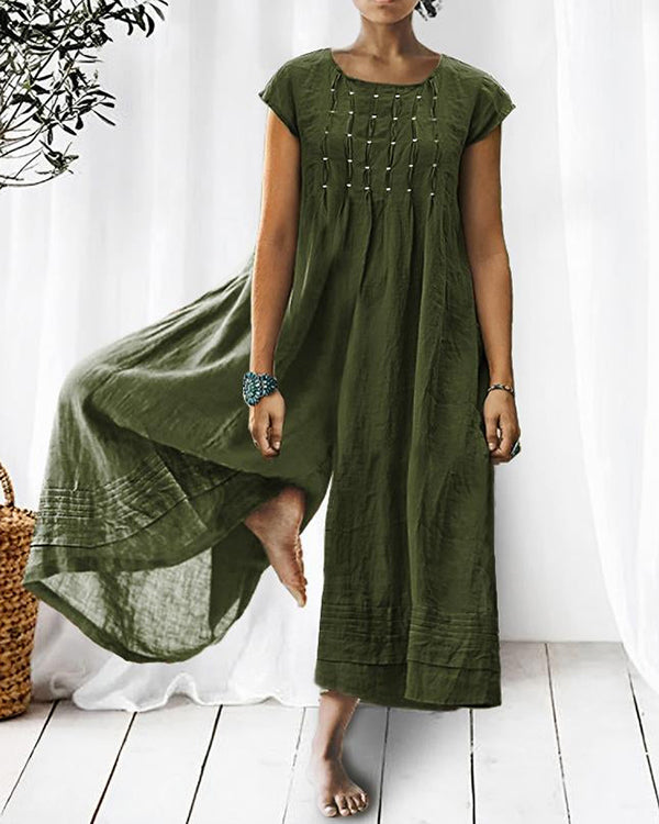 NTG Fad Green / XS Solid Relaxed Loose Pleated Linen Jumpsuit