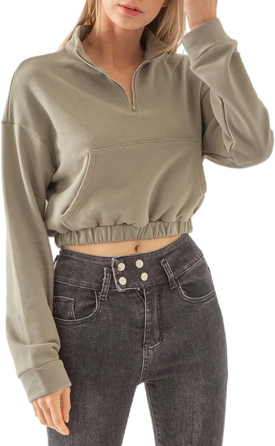 NTG Fad Green / XX-Large Cropped Quarter Zip Pullover Sweatshirt Hoodie Crop Top
