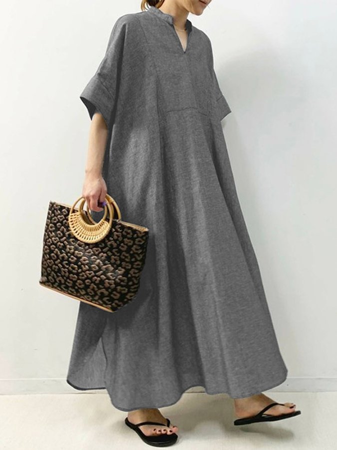 NTG Fad Grey / M Women's V-Neck Half Sleeve Cotton Linen Dress