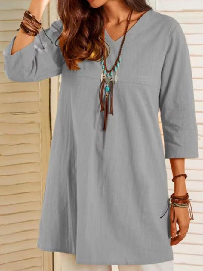 NTG Fad Grey / S Ladies Cotton Linen V-Neck Casual Shirt