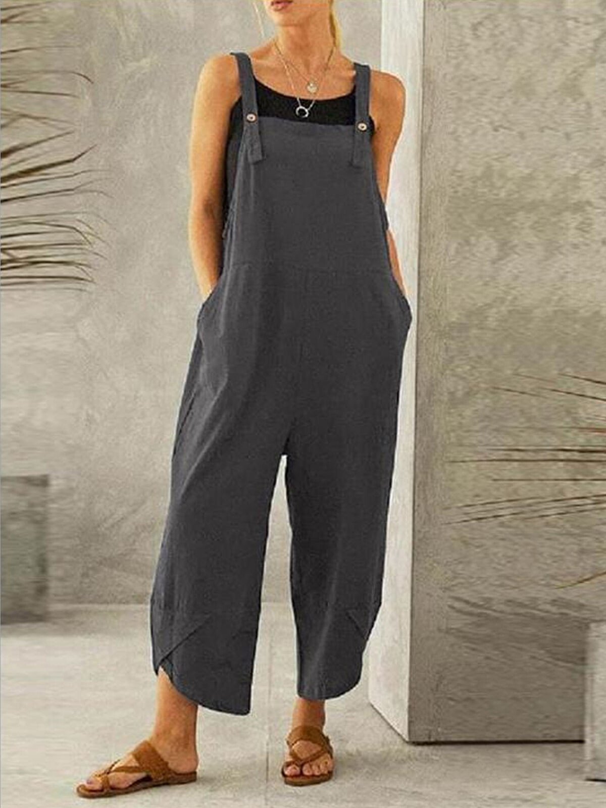 NTG Fad Grey / S Women's Casual Pure Color Ankle-Length Overalls