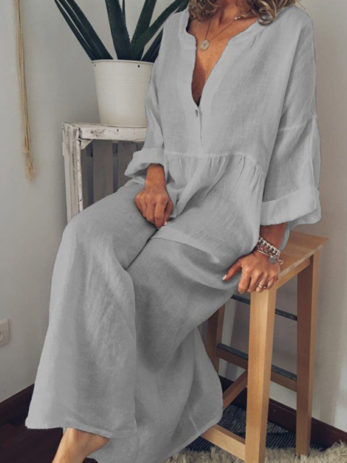 NTG Fad Grey / S Women's Casual Pure Color Cotton Long Dress
