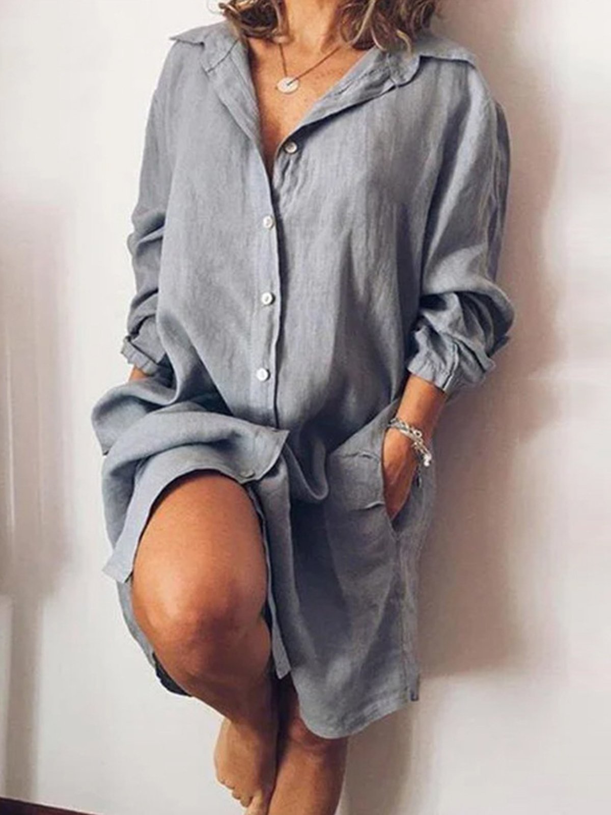 NTG Fad Grey / S Women's Casual Pure Color Cotton Shirt Dress