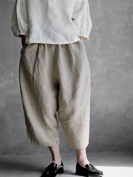 NTG Fad Grey / S Women's Cotton Linen Comfortable Casual Simple Loose Ninth Wide Leg Pants