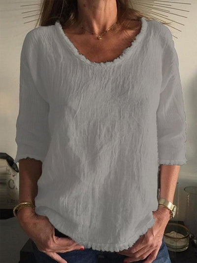 NTG Fad Grey / S Women's Cotton Linen Solid Color Casual Loose Crew Neck T-Shirt