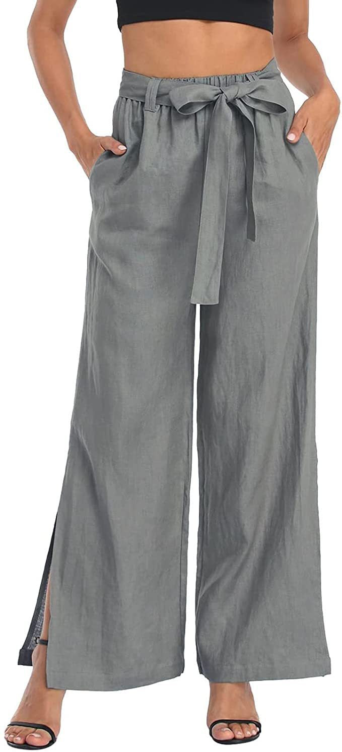 NTG Fad Grey / S Women's Resort Style Solid Color Bow Knot Split Cotton Linen Wide Leg Pants