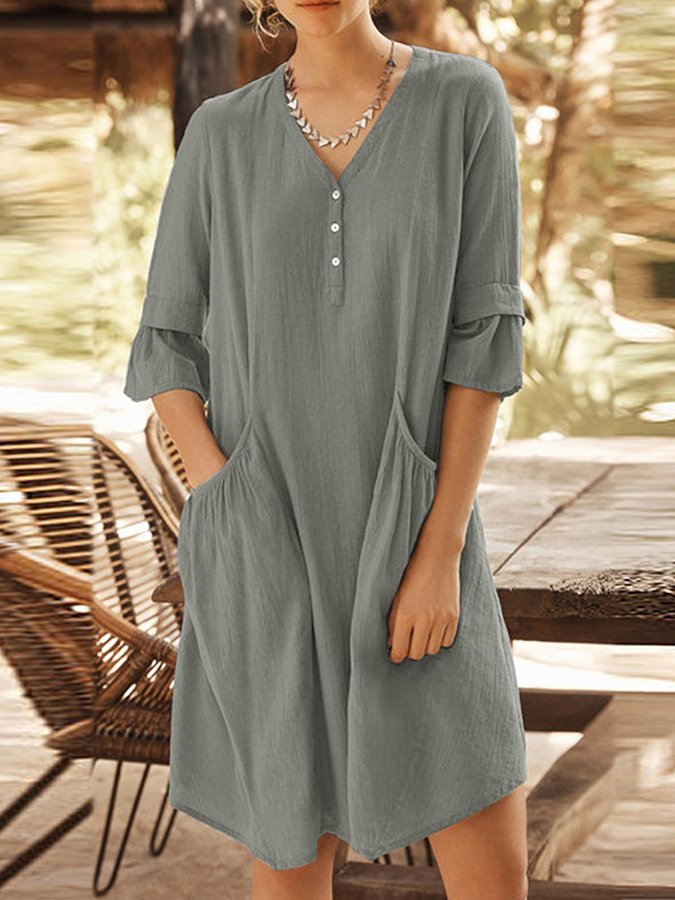 NTG Fad Grey / S Women's Simple Fashion V Neck Big Pocket Half Sleeve Midi Dress
