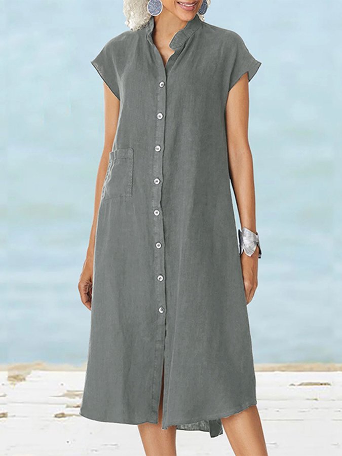 NTG Fad Grey / S Women's Solid Color Elegant Single-Breasted Cotton Linen Dress
