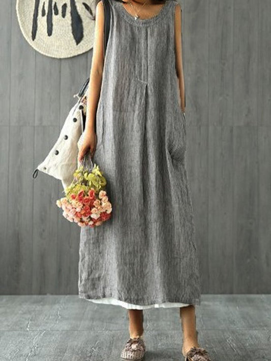 NTG Fad Grey / S Women's Solid Color Round Neck Loose Sleeveless Cotton Linen Dress