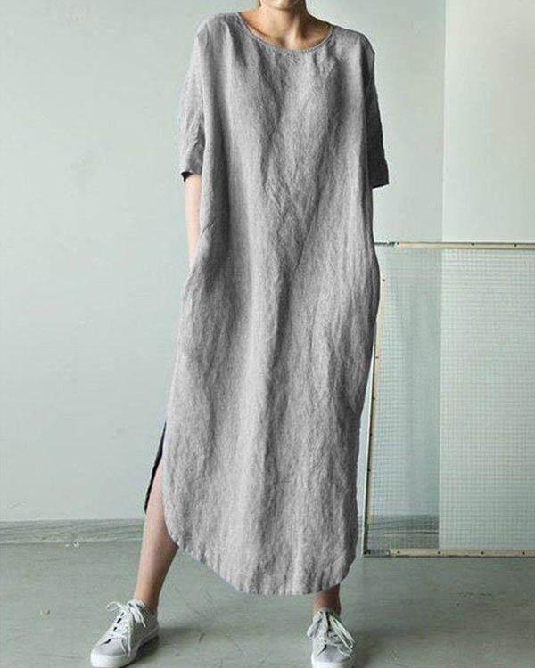 NTG Fad Grey / US6 Solid Short Sleeve Straight Slit Linen Dresses