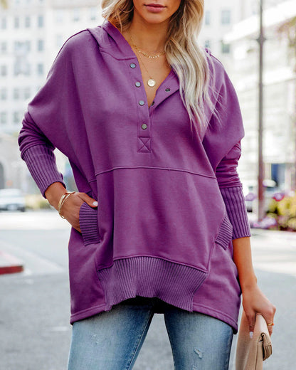NTG Fad Hoodies Purple / S Loose V-neck Hooded Dolman Sleeve Sweatshirt Splicing Top