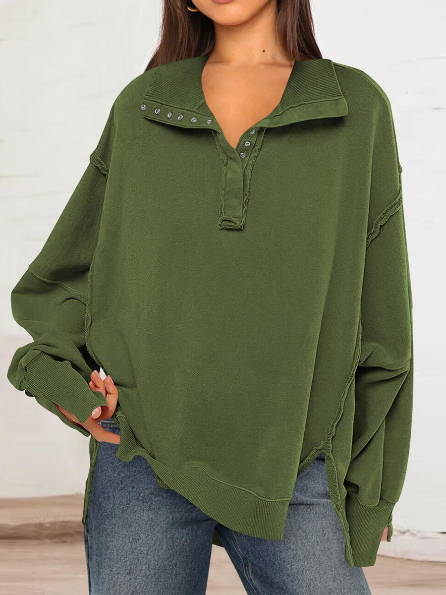 NTG Fad Hoodies & Sweatshirts Army Green / S Women Split  Polo Collar Lantern Sleeves Sweatshirt