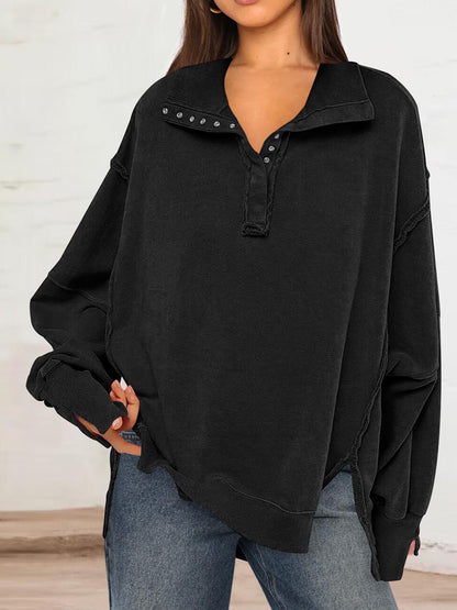 NTG Fad Hoodies & Sweatshirts Black / S Women Split  Polo Collar Lantern Sleeves Sweatshirt