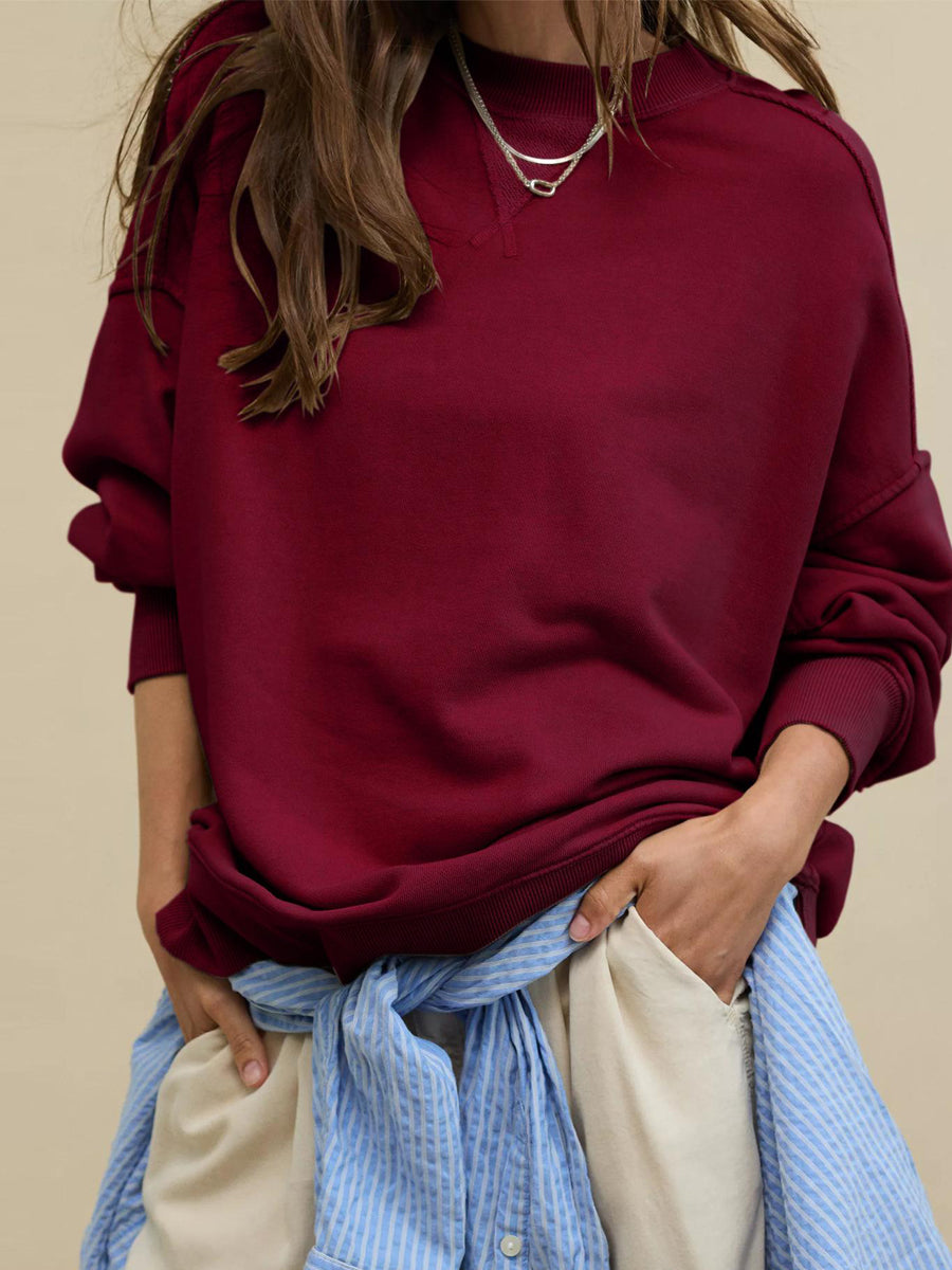 NTG Fad Hoodies & Sweatshirts Claret / S Loose Casual  Round Neck Women Sweatshirt