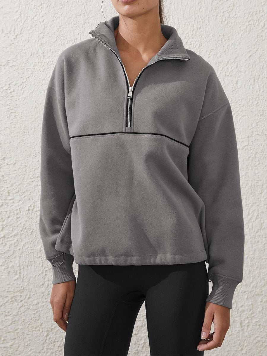 NTG Fad Hoodies & Sweatshirts Dark Grey / S Women Zipper V-neck Long Sleeve Sweatshirt