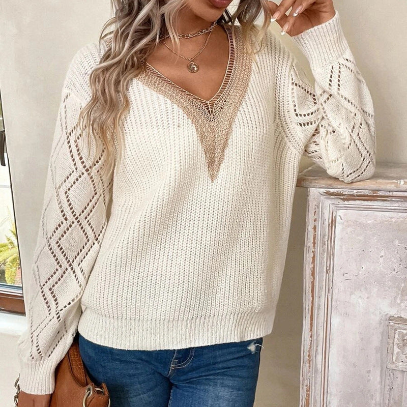 NTG Fad Hoodies & Sweatshirts Design sense lace stitching v-neck sweater