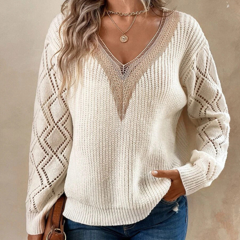 NTG Fad Hoodies & Sweatshirts Design sense lace stitching v-neck sweater