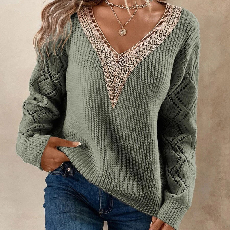 NTG Fad Hoodies & Sweatshirts olive green / S Design sense lace stitching v-neck sweater