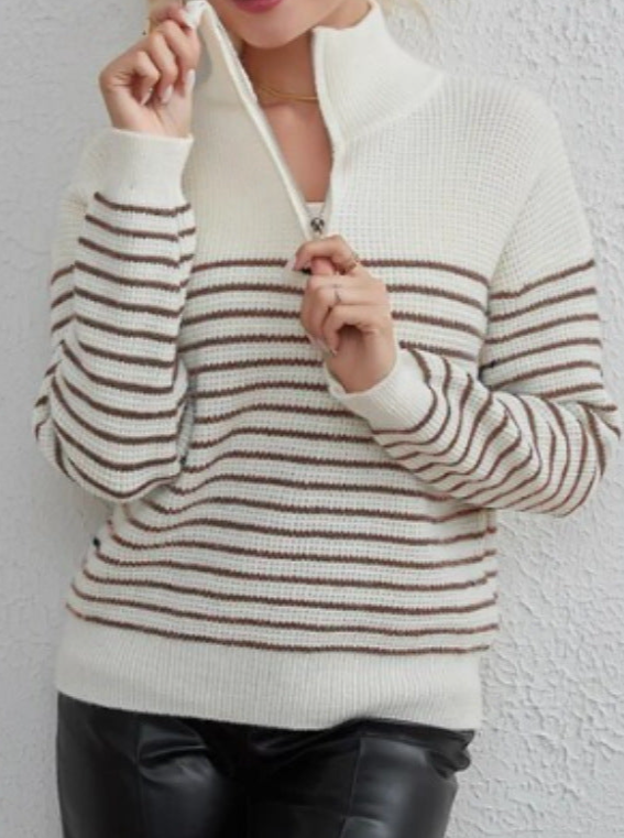 NTG Fad Hoodies & Sweatshirts Reddish Brown / S Turtleneck Striped Colorblock Long Sleeve Zipper Pullover Knit Sweater