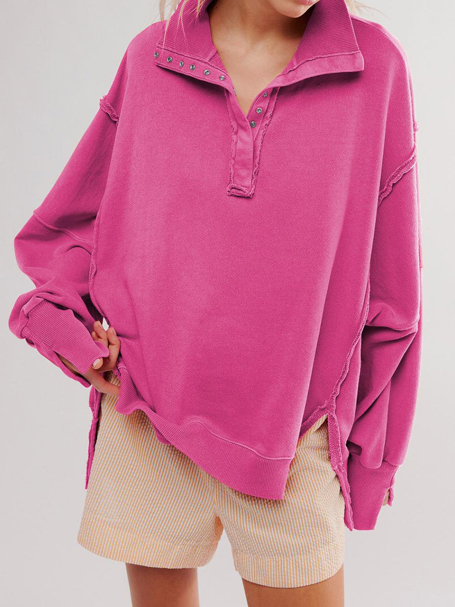 NTG Fad Hoodies & Sweatshirts Rose Red / S Women Split  Polo Collar Lantern Sleeves Sweatshirt