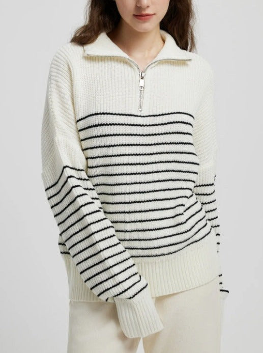 NTG Fad Hoodies & Sweatshirts Turtleneck Striped Colorblock Long Sleeve Zipper Pullover Knit Sweater