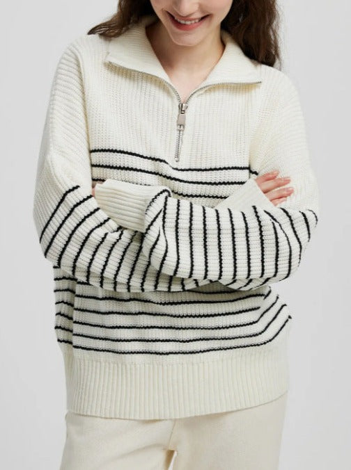 NTG Fad Hoodies & Sweatshirts Turtleneck Striped Colorblock Long Sleeve Zipper Pullover Knit Sweater