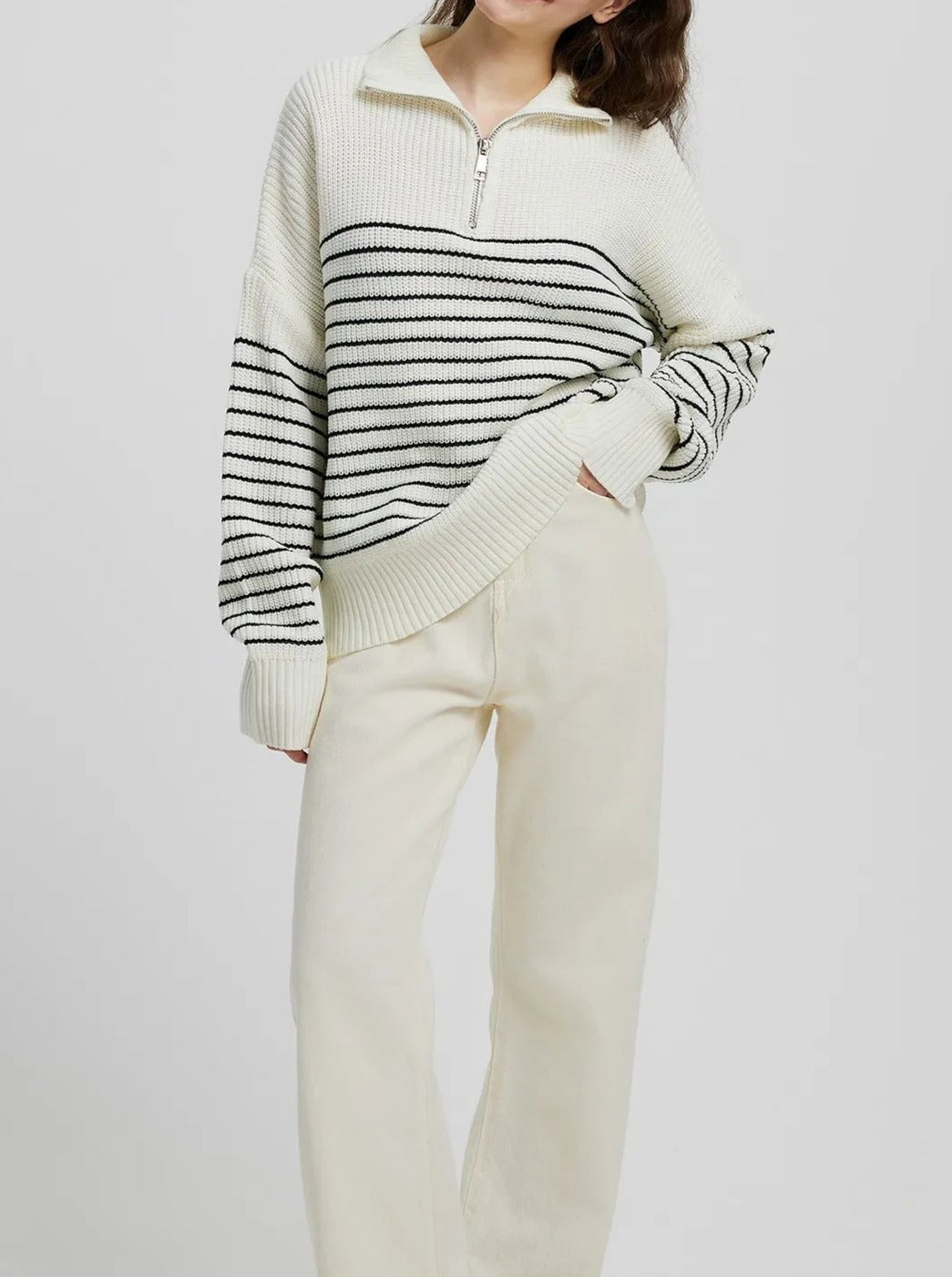 NTG Fad Hoodies & Sweatshirts Turtleneck Striped Colorblock Long Sleeve Zipper Pullover Knit Sweater