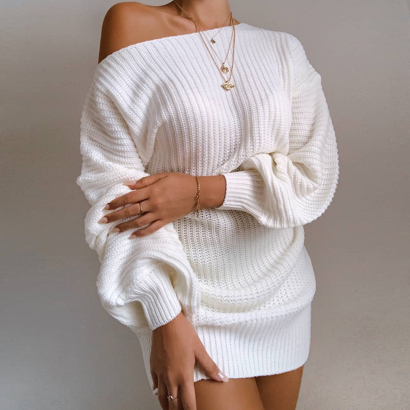 NTG Fad Hoodies & Sweatshirts white / S Long Sleeve Off Shoulder Knit Dress