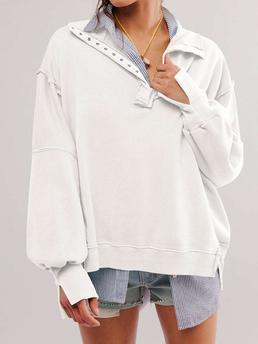 NTG Fad Hoodies & Sweatshirts White / S Women Split  Polo Collar Lantern Sleeves Sweatshirt