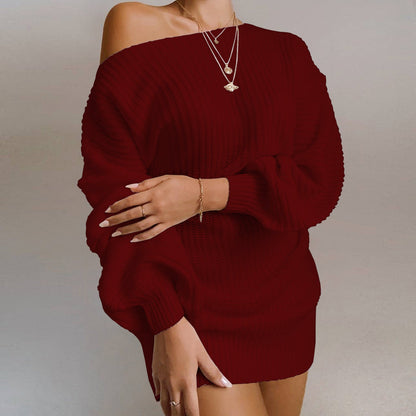 NTG Fad Hoodies & Sweatshirts wine red / S Long Sleeve Off Shoulder Knit Dress