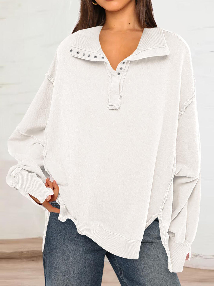 NTG Fad Hoodies & Sweatshirts Women Split  Polo Collar Lantern Sleeves Sweatshirt