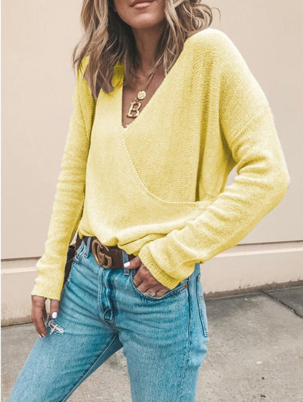 NTG Fad Hoodies & Sweatshirts Yellow / S Casual Loose Solid Color Long Sleeve Knit Sweater Top