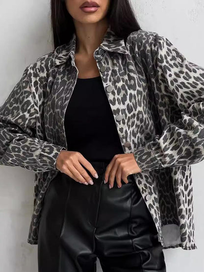 NTG Fad Jackets Grey / S Women Vintage Leopard Print Denim Jacket