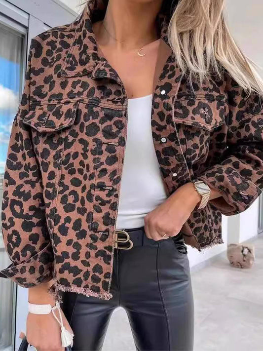 NTG Fad Jackets Leopard / S Denim  Leopard Print Loose Casual Outerwear