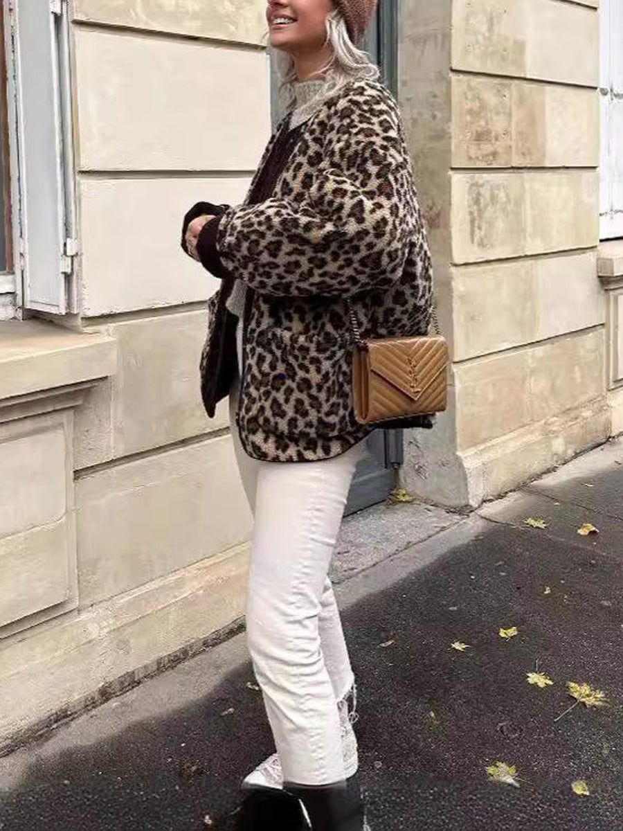 NTG Fad Jackets Women Button-decorated Leopard Print Loose Coat