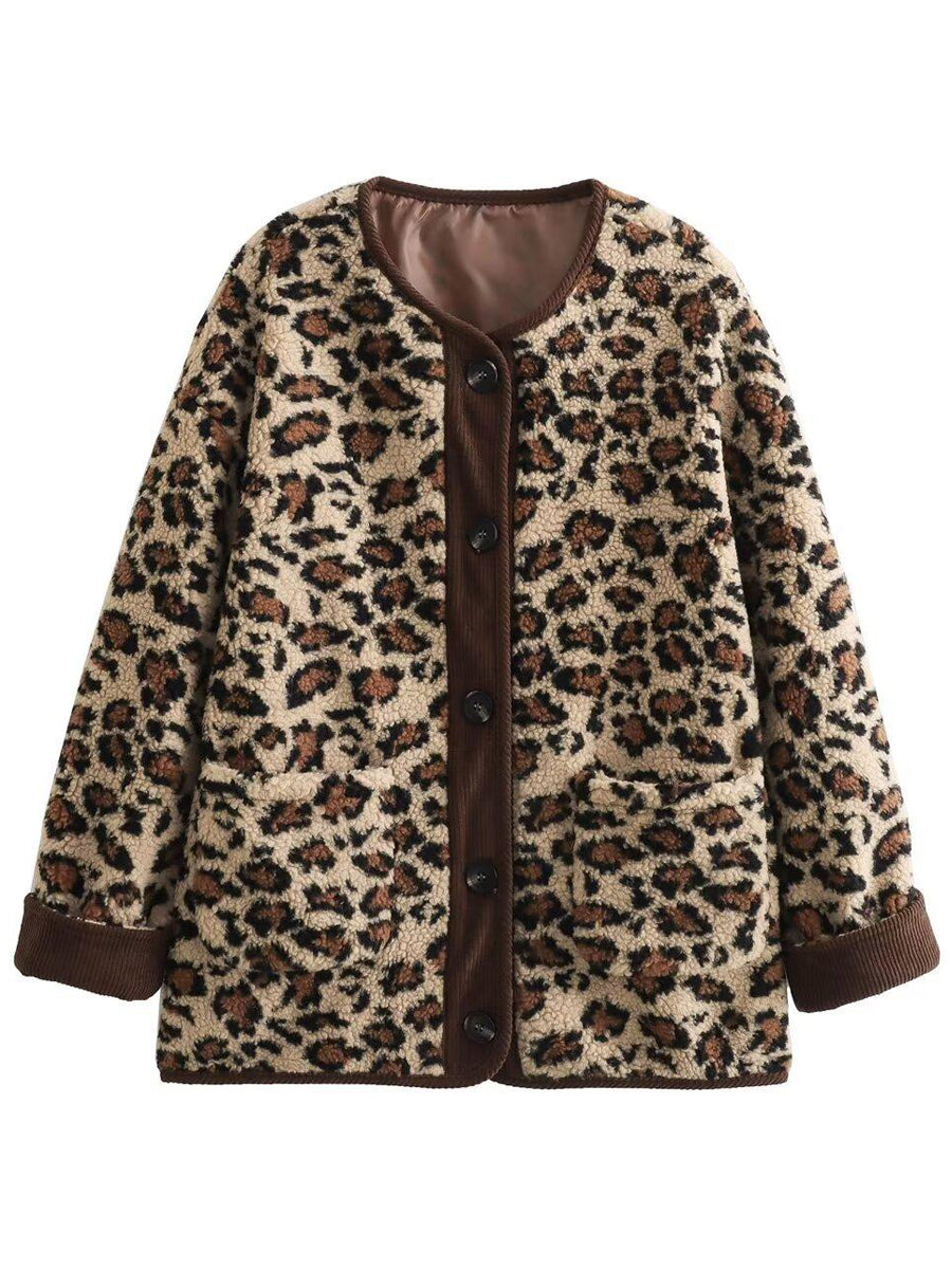 NTG Fad Jackets Women Button-decorated Leopard Print Loose Coat