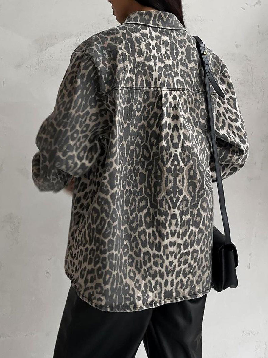 NTG Fad Jackets Women Vintage Leopard Print Denim Jacket