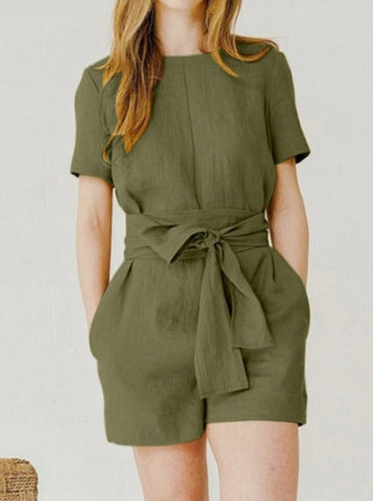 NTG Fad Jumpsuits Armygreen / S Short-sleeved suit cotton linen solid color pocket casual jumpsuit