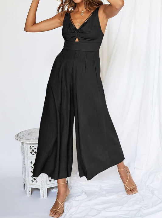 NTG Fad Jumpsuits Black / Small Wide-leg jumpsuit V-neck shirred cutout high-waisted jumpsuit with adjustable straps