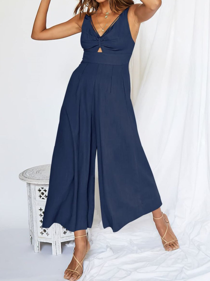 NTG Fad Jumpsuits Blue / Small Wide-leg jumpsuit V-neck shirred cutout high-waisted jumpsuit with adjustable straps