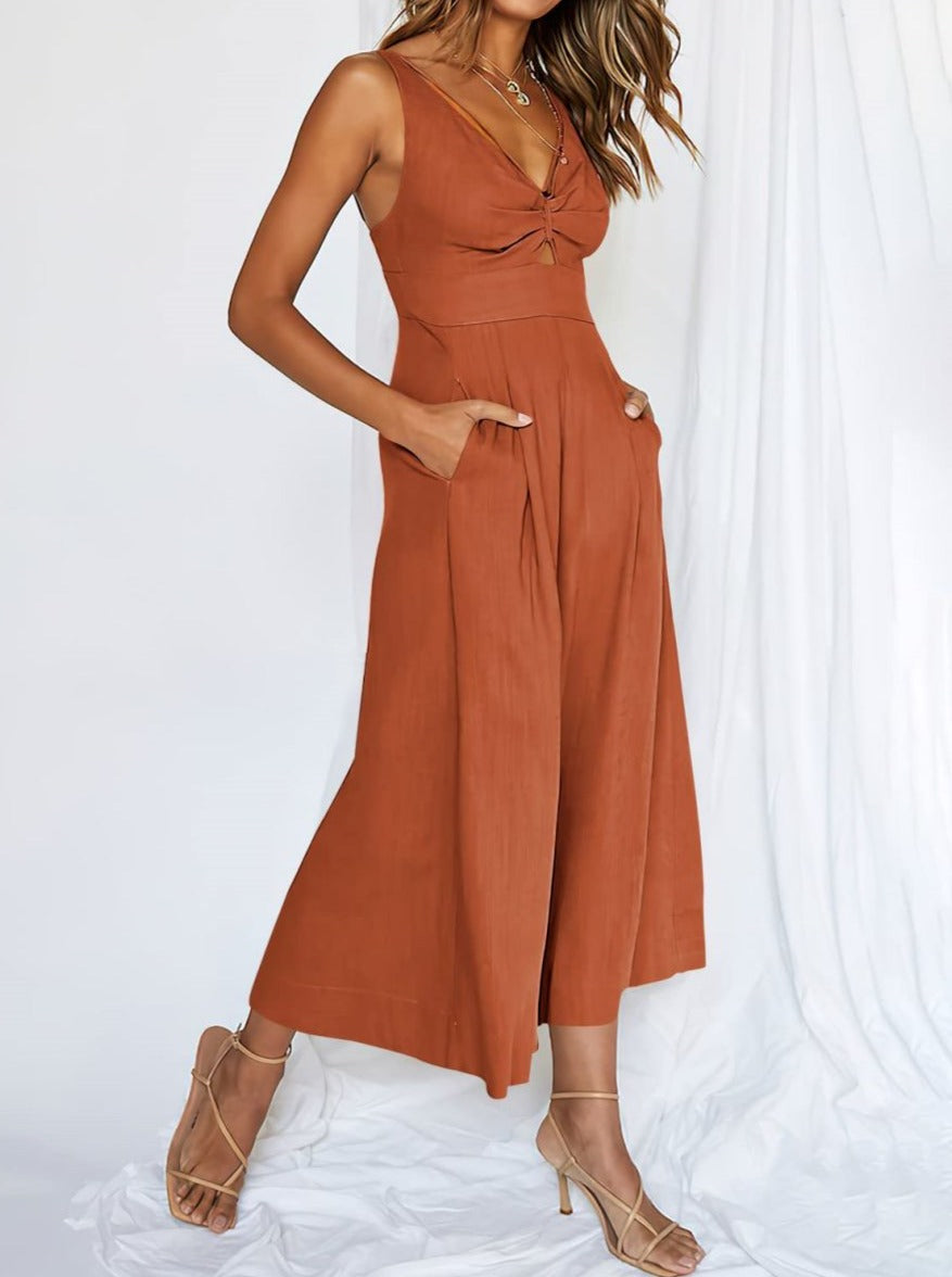 NTG Fad Jumpsuits Brick Red / Small Wide-leg jumpsuit V-neck shirred cutout high-waisted jumpsuit with adjustable straps