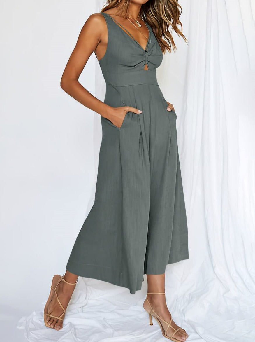 NTG Fad Jumpsuits Dark Grey / Small Wide-leg jumpsuit V-neck shirred cutout high-waisted jumpsuit with adjustable straps