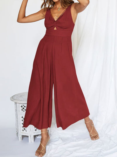 NTG Fad Jumpsuits Deep Red / Small Wide-leg jumpsuit V-neck shirred cutout high-waisted jumpsuit with adjustable straps