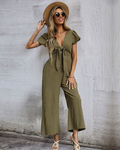 NTG Fad Jumpsuits & Rompers Army Green / S(4-6) Casual short-sleeved solid color bow V-neck jumpsuit