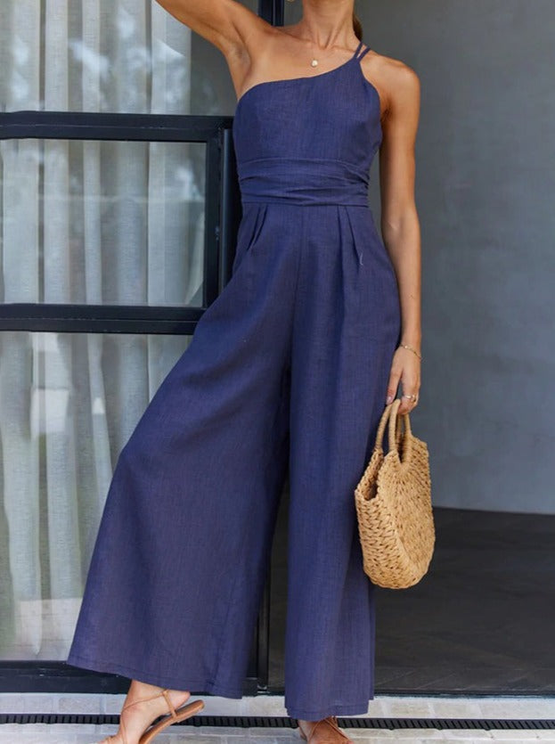 NTG Fad Jumpsuits & Rompers Blue / S(4-6) One-shoulder high-waisted wide-leg jumpsuit